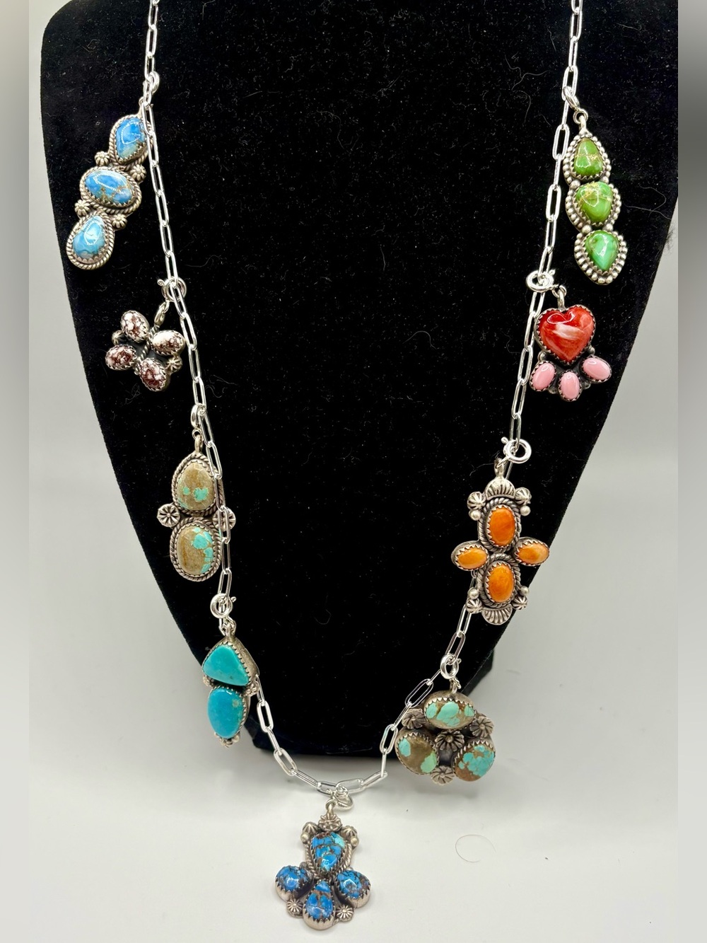925 Sterling Silver Kingman Turquoise Spiny Oyster 9 Charm Necklace 53.65g